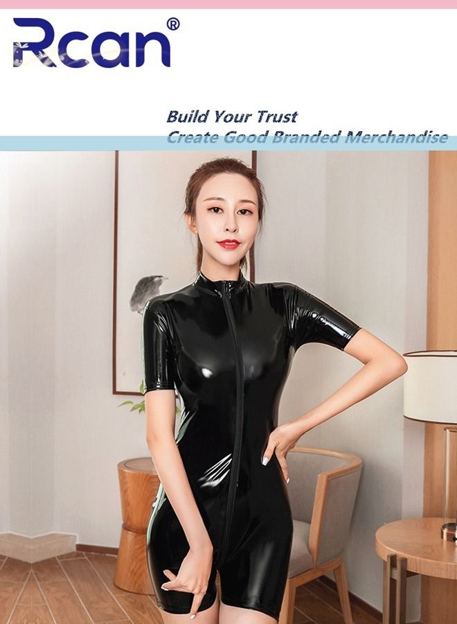 Rcan European Fashion Ladies PU Leather Turtleneck Bodysuit Shorts Shiny Double Zipper Short Sleeve High Elasticity for Dance Wear Club Party for Women - Image 1