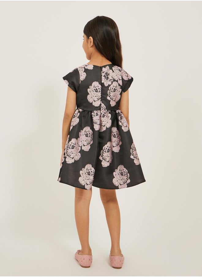 Styli - Floral Jacquard Short Sleeve Dress with Bow Detail - Image 1