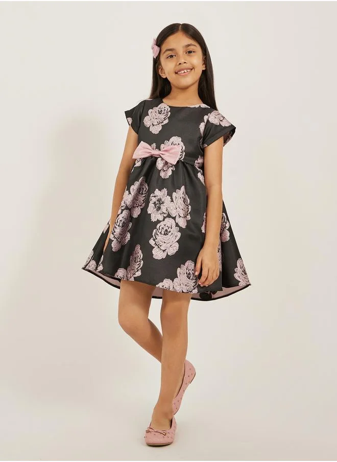 Styli Floral Jacquard Short Sleeve Dress with Bow Detail