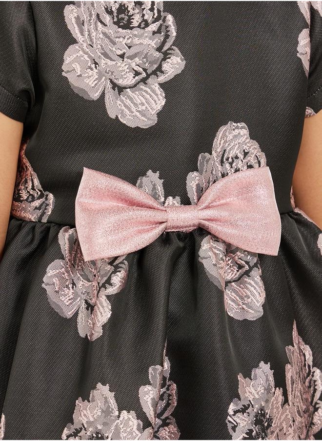Styli - Floral Jacquard Short Sleeve Dress with Bow Detail - Image 1