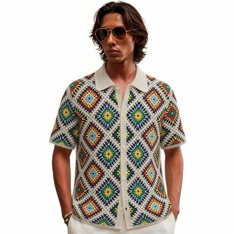 Men's Casual Short Sleeve Polo Shirt with Argyle Pattern - Image 1