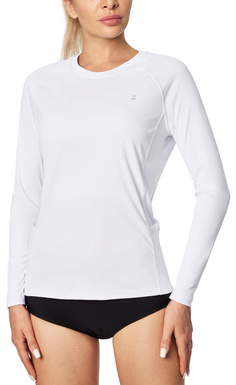 IUGA White Long Sleeve Shirts for Women UPF 50+ Rash Guard Workout Tops with Pockets Dry Fit Hiking Gym Athletic Outfits - Image 1