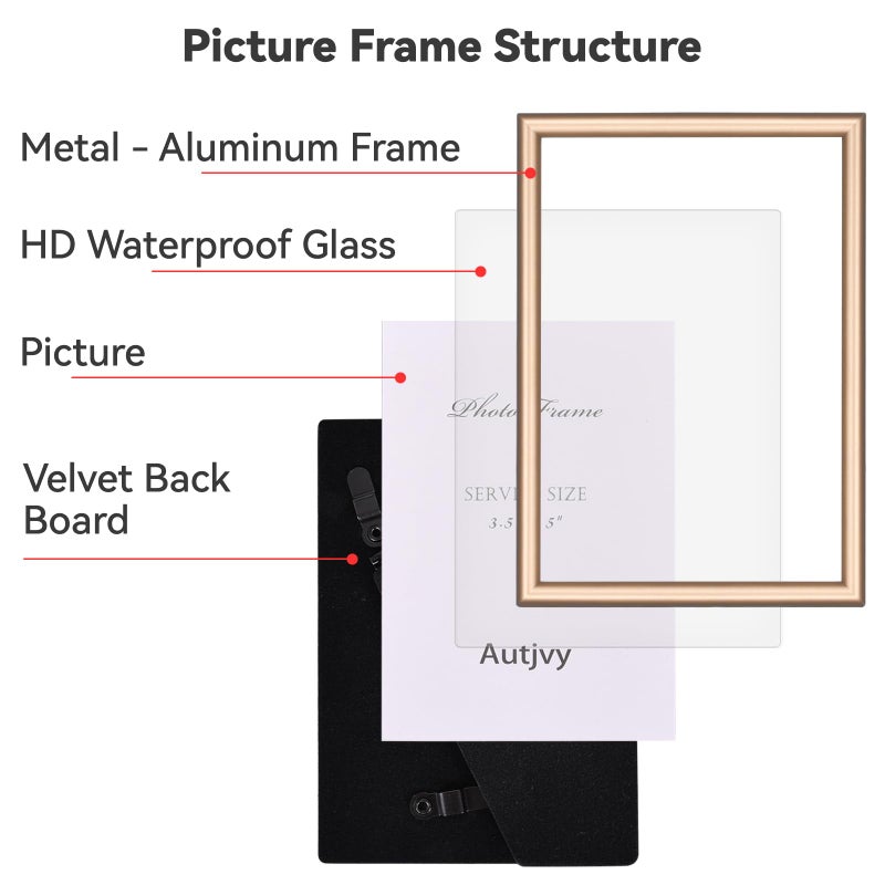Autjvy 6x8 Picture Frame set of 2 Matte Brass Modern Simple Thin Aluminum Metal Photo Frame with HD Real Glass  Display for Tabletop and Wall Collage. (2 Pack) - Image 3