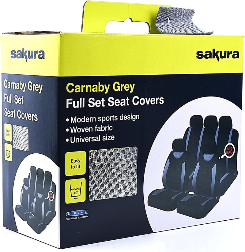 SAKURA Car Seat and Headrest Covers Carnaby Grey SS5398 - Full Set Universal Size Elasticated Hems Side Airbag Compatible Washable Easy Fit - Image 2