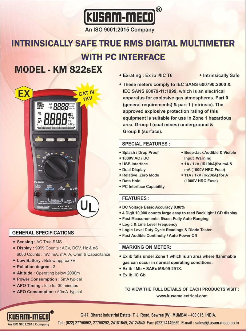Kusam Meco Intrinsically Safe TRUE RMS Digital Multimeter KM 822Ex - Image 4