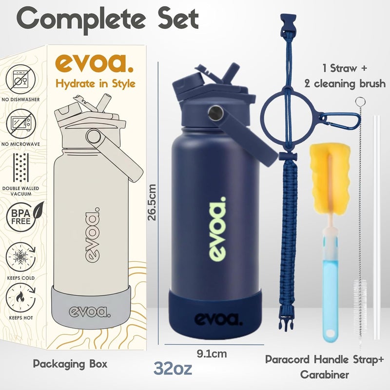 Oceanic evoa. 1000ml Premium Insulated Double Wall Stainless Steel Water Bottle, 2-in-1 Lid with Straw & Spout, Leak-Proof, Keeps Drinks Cold or Hot, 32oz Water Bottle for Gym, Outdoor (Blue) - Image 2