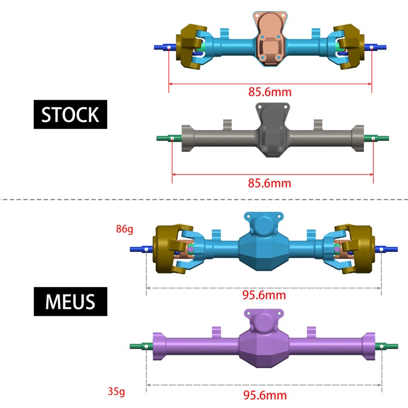 MEUS RACING SCX24 Front Axle Isokinetic 3-Section CVD 52Â° Max. Steering Angle +5mm Widened SCX24 Upgrades for Axial SCX24 Deadbolt C10 JLU Gladiator Bronco 1/24 RC Crawler (Front - Black) - Image 5