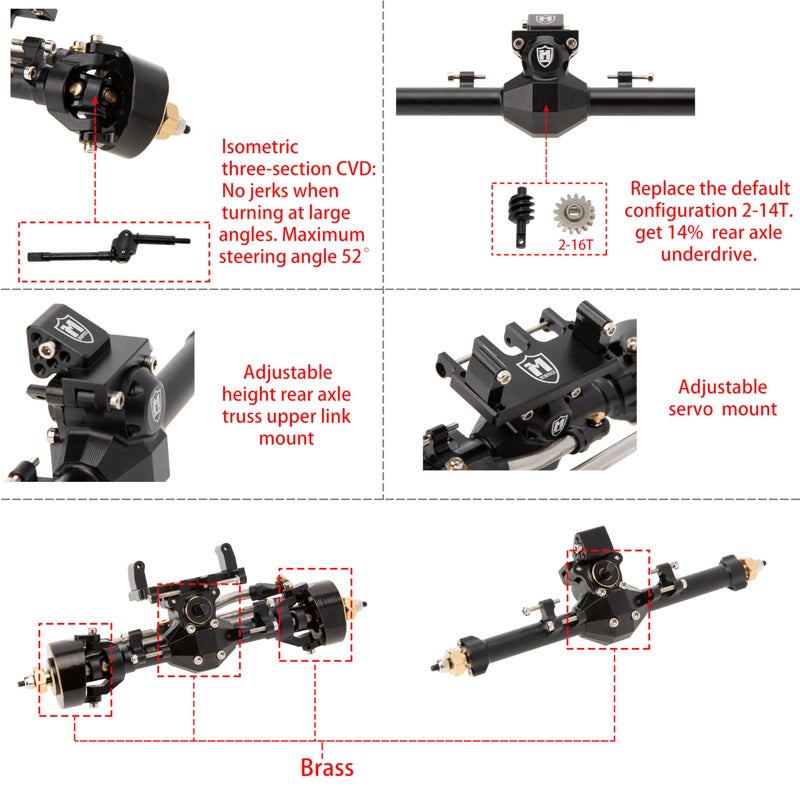 MEUS RACING SCX24 Front Axle Isokinetic 3-Section CVD 52Â° Max. Steering Angle +5mm Widened SCX24 Upgrades for Axial SCX24 Deadbolt C10 JLU Gladiator Bronco 1/24 RC Crawler (Front - Black) - Image 2