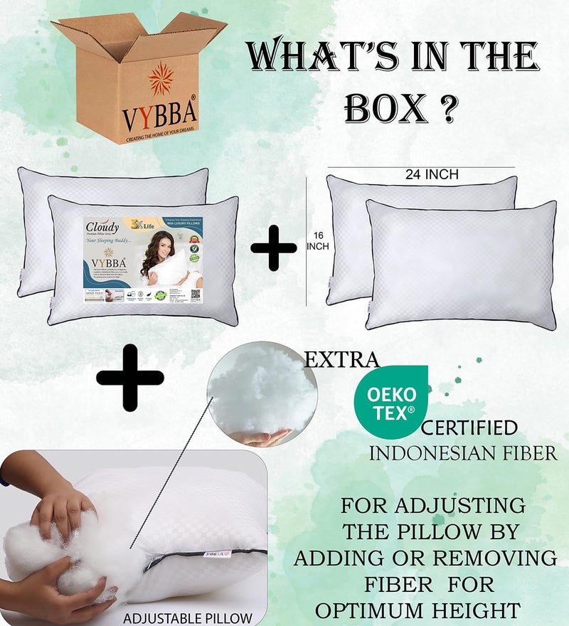 VYBBA Pillow with Zip Height Adjustable Pillow Imported Indonesian Fiber Sleeping Pillows Set of 4 (Satin Check White Color 16X24 inch_ Pillow with 2 Month-Warranty) - Image 4