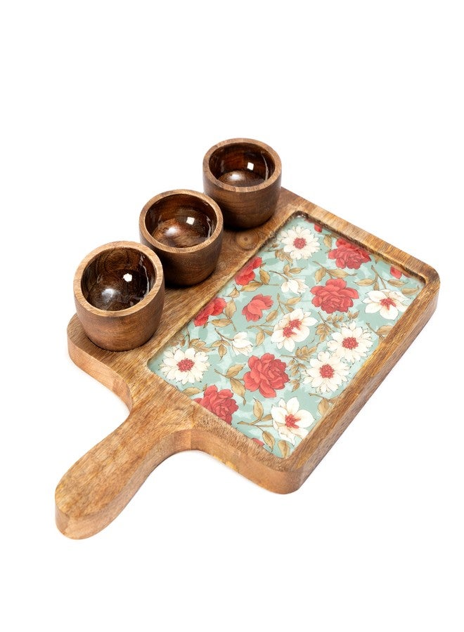 DULI Handcrafted Mango Wood Serving Platter with 3 Dip Bowls | Traditional Jamawar Kashmiri Print | Waterproof, Heat-Resistant, Food-Safe Lacquer Finish | 15.5 x 10 Inch | Made in India (3Katori-AquaRed) - Image 3