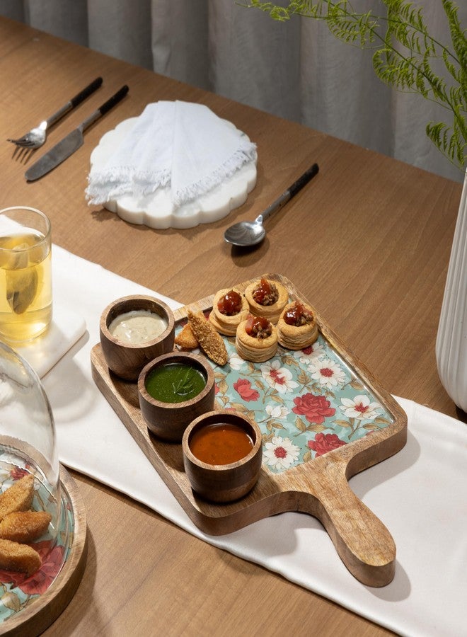 DULI Handcrafted Mango Wood Serving Platter with 3 Dip Bowls | Traditional Jamawar Kashmiri Print | Waterproof, Heat-Resistant, Food-Safe Lacquer Finish | 15.5 x 10 Inch | Made in India (3Katori-AquaRed) - Image 1