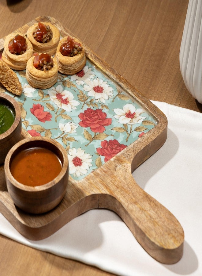 DULI Handcrafted Mango Wood Serving Platter with 3 Dip Bowls | Traditional Jamawar Kashmiri Print | Waterproof, Heat-Resistant, Food-Safe Lacquer Finish | 15.5 x 10 Inch | Made in India (3Katori-AquaRed) - Image 2