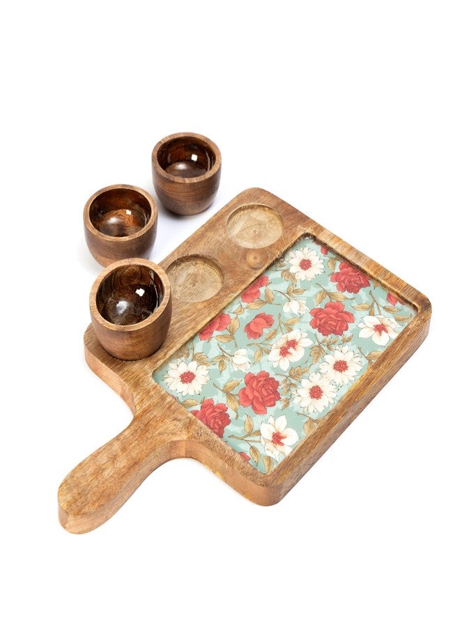 DULI Handcrafted Mango Wood Serving Platter with 3 Dip Bowls | Traditional Jamawar Kashmiri Print | Waterproof, Heat-Resistant, Food-Safe Lacquer Finish | 15.5 x 10 Inch | Made in India (3Katori-AquaRed) - Image 4