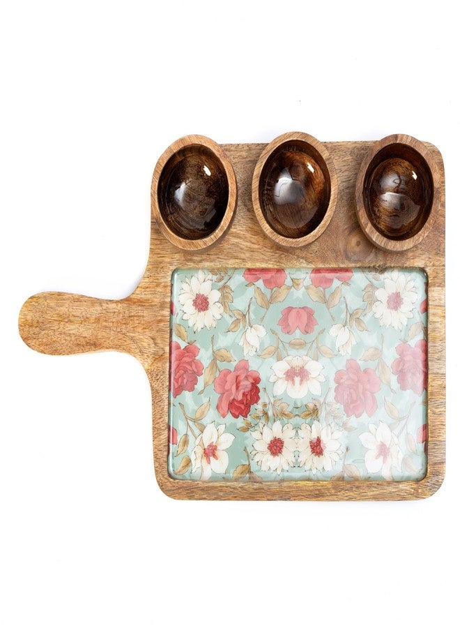 DULI Handcrafted Mango Wood Serving Platter with 3 Dip Bowls | Traditional Jamawar Kashmiri Print | Waterproof, Heat-Resistant, Food-Safe Lacquer Finish | 15.5 x 10 Inch | Made in India (3Katori-AquaRed) - Image 5