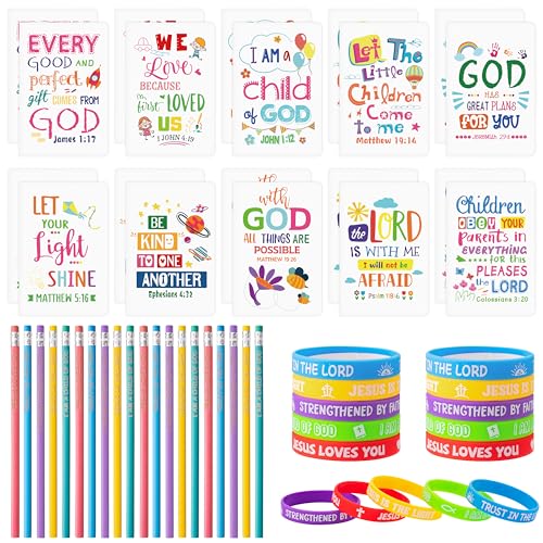 BWkoss 60Pcs Christian Bible Gift for Kid Bulk Bible Verse Notepads with Pencil Silicone Bracelet Religious Mini Notebook Wristband Pencil Kit for Teacher Appreciation Week End of School Year Graduation Gift - Image 1