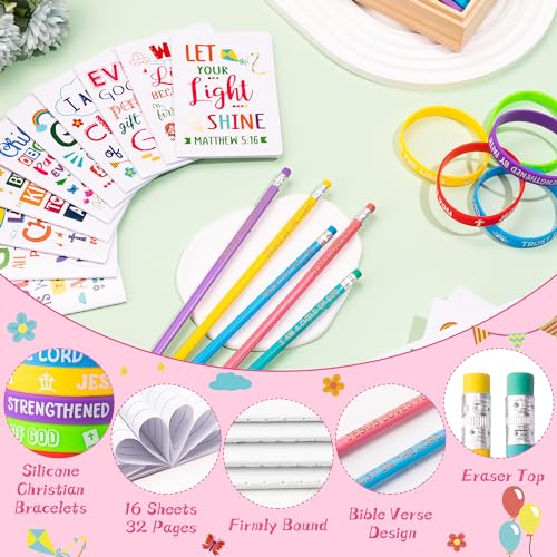 BWkoss 60Pcs Christian Bible Gift for Kid Bulk Bible Verse Notepads with Pencil Silicone Bracelet Religious Mini Notebook Wristband Pencil Kit for Teacher Appreciation Week End of School Year Graduation Gift - Image 3
