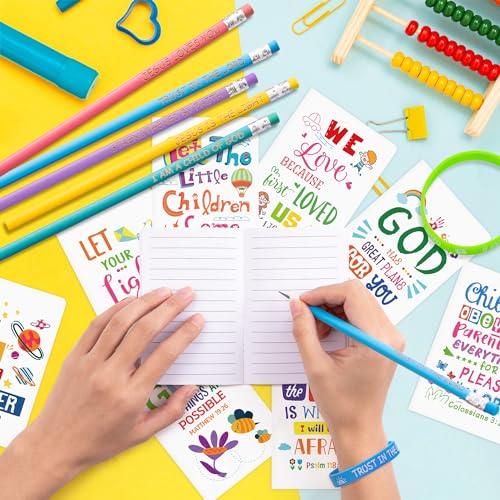 BWkoss 60Pcs Christian Bible Gift for Kid Bulk Bible Verse Notepads with Pencil Silicone Bracelet Religious Mini Notebook Wristband Pencil Kit for Teacher Appreciation Week End of School Year Graduation Gift - Image 4