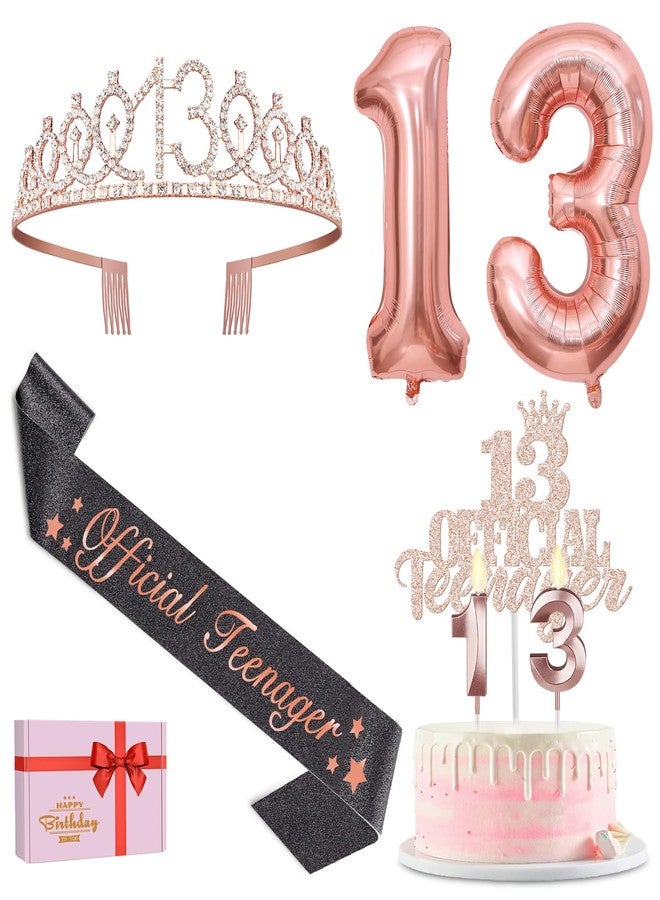 YeohJoy 13th Birthday Decorations for Girls with Black Official Teenager Sash and Tiara, 13 Official Teenager Cake Topper and Candles, Number Balloons Rose Gold, Teen Girl Gifts for 13 Year Old - Image 1