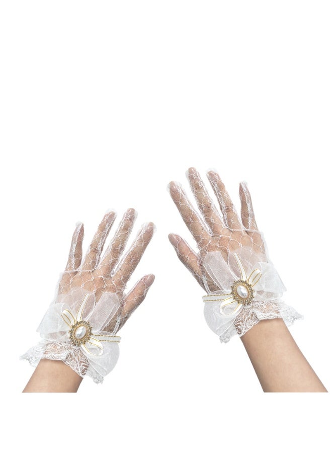قفازات نسائية من الدانتيل للسيدات ， قفازات نسائية من الدانتيل ， قفازات زفاف شبكية أنيقة واقية من الشمس لحفلات الزفاف وحفلات الزفاف وحفلات الشاي وحفلات التنكر ， أبيض - Image 1