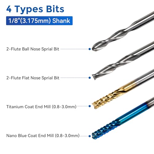 LUNYEE 40pcs End Mills CNC Router Bits with ER11, ER16 Collet, 1/8" Shank CNC Cutter Milling Carving Bit Set Including 2-Flute Flat Nose & Ball Nose, Nano Blue Coat & Titanium Coat Bits - Image 3