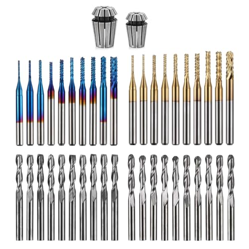LUNYEE 40pcs End Mills CNC Router Bits with ER11, ER16 Collet, 1/8" Shank CNC Cutter Milling Carving Bit Set Including 2-Flute Flat Nose & Ball Nose, Nano Blue Coat & Titanium Coat Bits - Image 1