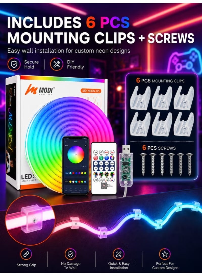 FUOE 5 Meter RGB LED Neon Strip Light, USB Powered Flexible Rope Light With Remote & App Control, Music Sync, DIY Shape Mood Light For Bedroom, Gaming Room, TV & Party Decor - Image 5