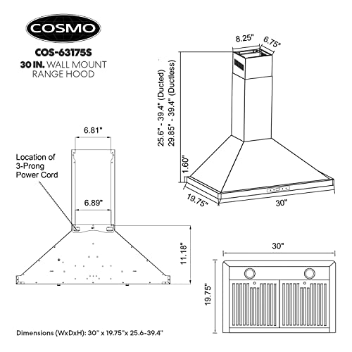 COSMO COS-63175S 30 in. Vista Collection 380 CFM Ducted Wall Mount Range Hood, Touch Controls, LED Lights, Stainless Steel - Image 5