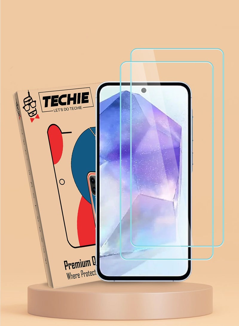 Techie قطعتان من واقي الشاشة الزجاجي عالي الدقة لهاتف Samsung Galaxy A55 - مضاد للانعكاس ومضاد للفقاعات وصلابة 9H 0.33 مم وحواف مستديرة وسهلة التركيب - Image 1