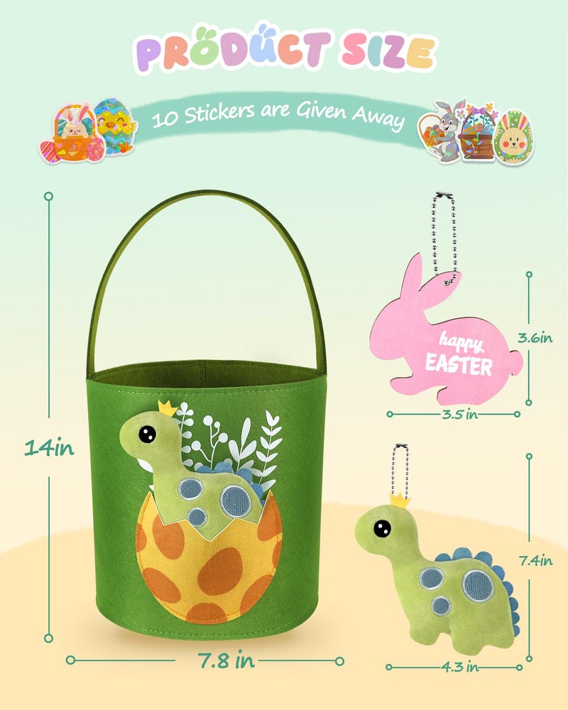 Swooflia Dinosaur Easter Basket for Kids - Personalized Large Felt Bags Includes One Small Plush Doll My First Cute Tote Bucket Name Tag Easter Egg Hunts, Gift for Girls Boys Toddler Baby - Image 2