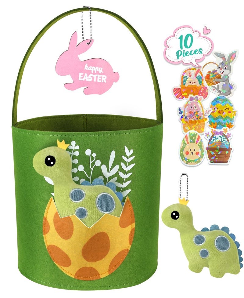 Swooflia Dinosaur Easter Basket for Kids - Personalized Large Felt Bags Includes One Small Plush Doll My First Cute Tote Bucket Name Tag Easter Egg Hunts, Gift for Girls Boys Toddler Baby - Image 1