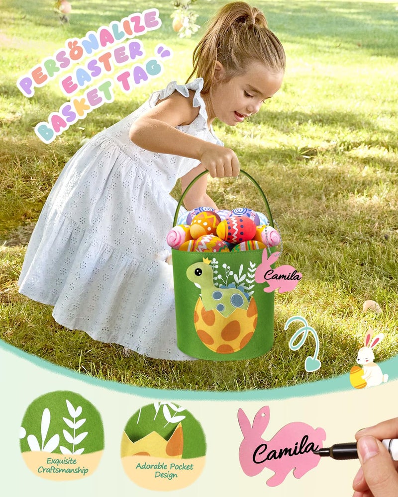 Swooflia Dinosaur Easter Basket for Kids - Personalized Large Felt Bags Includes One Small Plush Doll My First Cute Tote Bucket Name Tag Easter Egg Hunts, Gift for Girls Boys Toddler Baby - Image 3
