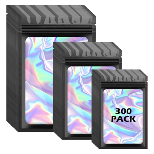 Arsmat 300 Pcs Holographic Mylar Bags, 3 Size Smell Proof Bags with Clear Window Foil Pouch Bags Resealable Bags for Small Business and Food Storage, Black - Image 1