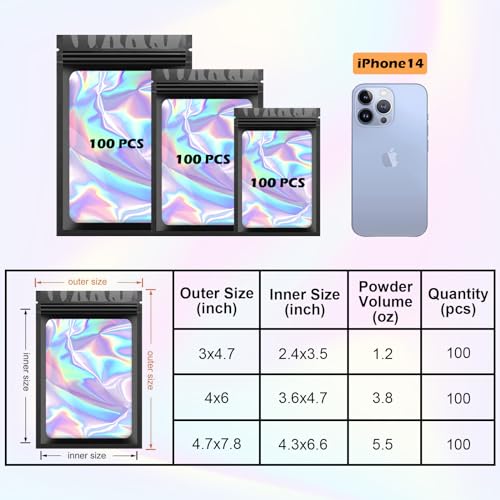 Arsmat 300 Pcs Holographic Mylar Bags, 3 Size Smell Proof Bags with Clear Window Foil Pouch Bags Resealable Bags for Small Business and Food Storage, Black - Image 2
