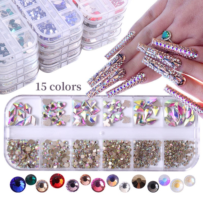 12-Grid Flat Diamonds Special-shaped Diamonds Manicure Tools Set Spot Drill Pencil + Curved Tweezers Dazzling Nail Art Decoration DIY Accessories - Image 3