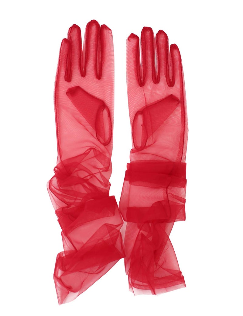 QRBTSCL Women's Wedding Bridal Mesh Tulle Glove Long Opera Costume Party Gloves 27" Elbow Length Sheer Gloves Red - Image 1