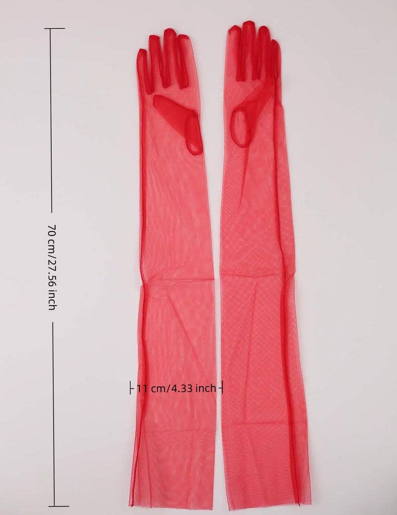 QRBTSCL Women's Wedding Bridal Mesh Tulle Glove Long Opera Costume Party Gloves 27" Elbow Length Sheer Gloves Red - Image 3