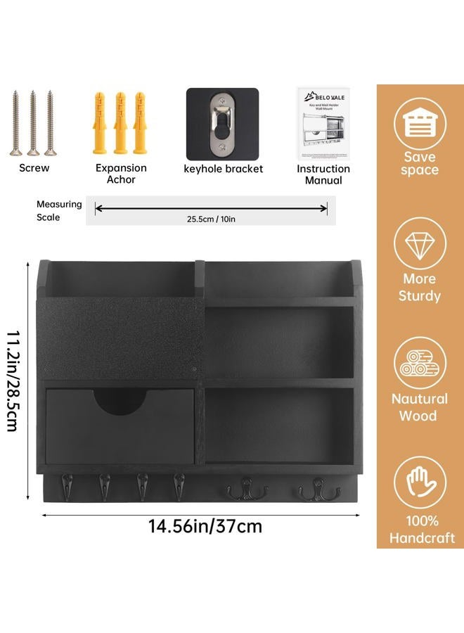 BELO VALE BE Key Holder Wall Mount, Home Key Hooks for Wall, Mail Organizer Key Rack , 100% Handmade Hanger for Wall Door Room Office Saving Time and Space, Wood Shelf with Drawer for Storing Decoration-Black - Image 2