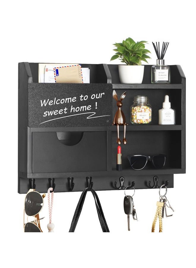 BELO VALE BE Key Holder Wall Mount, Home Key Hooks for Wall, Mail Organizer Key Rack , 100% Handmade Hanger for Wall Door Room Office Saving Time and Space, Wood Shelf with Drawer for Storing Decoration-Black - Image 1