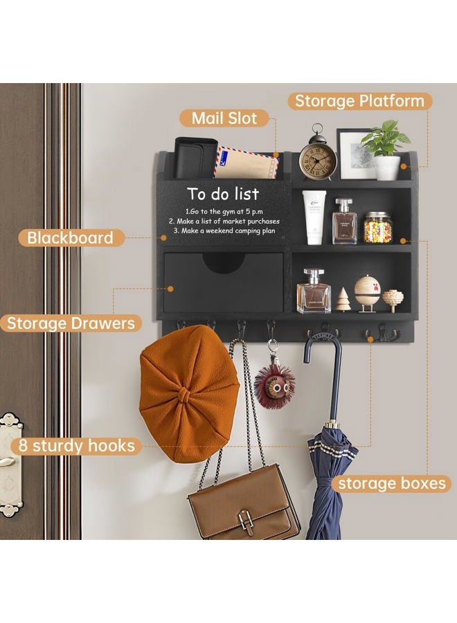 BELO VALE BE Key Holder Wall Mount, Home Key Hooks for Wall, Mail Organizer Key Rack , 100% Handmade Hanger for Wall Door Room Office Saving Time and Space, Wood Shelf with Drawer for Storing Decoration-Black - Image 3