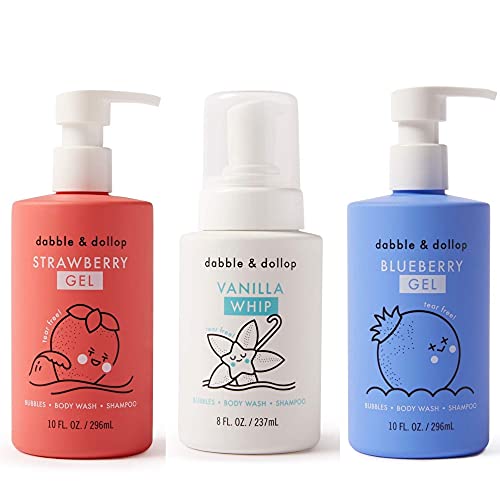 Dabble & Dollop USA Bundle, 3-in-1 Natural Bubble Bath, Body Wash & Shampoo for Kids, Paraben & Sulfate Free, Vegan, Tear-Free, Strawberry, Vanilla & Blueberry (Set of 3) - Image 1