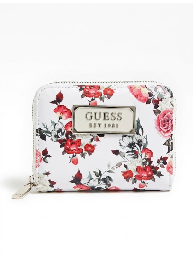 GUESS Women’s White Floral Zip Around Wallet – Stylish Printed Wallet with Logo Plaque