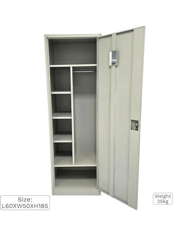 Multi Home Furniture 1-Door Metal Wardrobe MH-204 with Mirror & Lock – 25kg Steel Storage Cabinet with Hanging Rod & 5 Shelves – Compact Locker for Home, Office, Hostel (Grey) - Image 1