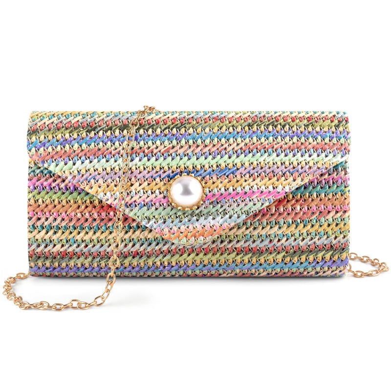 PACETAP Straw Clutch Purse for Women, Pearl Decoration Boho Crossbody Bags, Evening Clutch Purses Handbags for Wedding Party Cocktail Prom Dinner(Iridescence) - Image 1