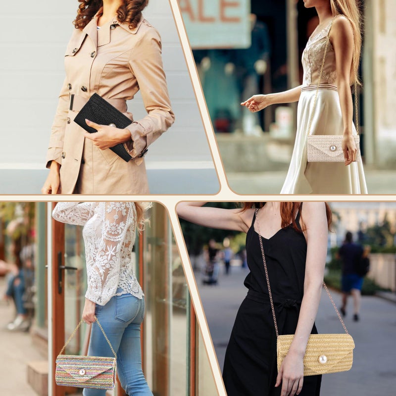 PACETAP Straw Clutch Purse for Women, Pearl Decoration Boho Crossbody Bags, Evening Clutch Purses Handbags for Wedding Party Cocktail Prom Dinner(Iridescence) - Image 2