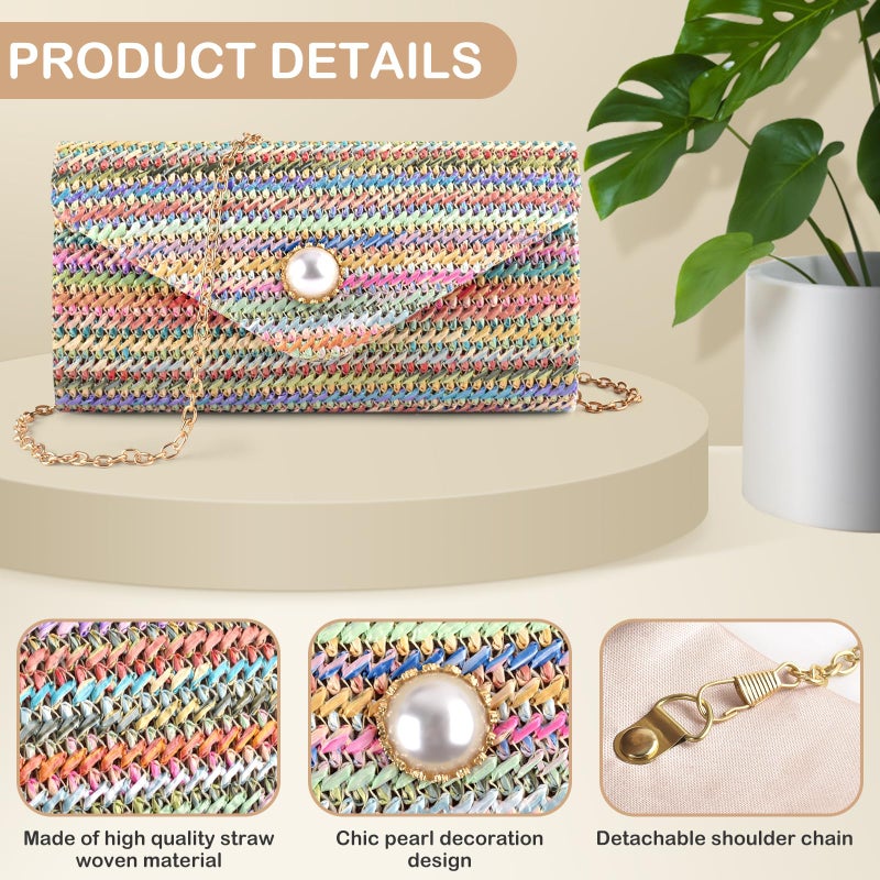 PACETAP Straw Clutch Purse for Women, Pearl Decoration Boho Crossbody Bags, Evening Clutch Purses Handbags for Wedding Party Cocktail Prom Dinner(Iridescence) - Image 4