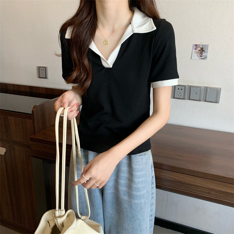 Navel-Baring Women's Clothing 2025 Summer New Design Short Contrasting Hong Kong Style Polo Collar Slim Short-Sleeved T-Shirt Wholesale - Image 5