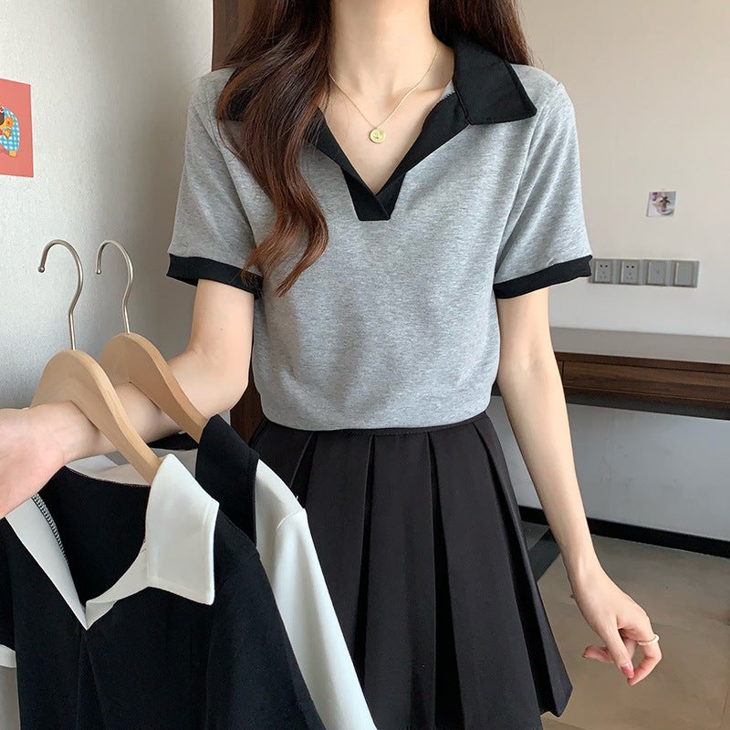 Navel-Baring Women's Clothing 2025 Summer New Design Short Contrasting Hong Kong Style Polo Collar Slim Short-Sleeved T-Shirt Wholesale - Image 2