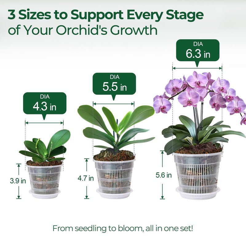 T4U Orchid Pot, 9 Pack Orchid Pots with Holes and Saucers for Repotting, 3 Each of 4.3, 5.5 and 6.3 Inch, Clear Plastic Flower Plant Pot for Indoor Outdoor Plants, Orchids Planter for Root Health - Image 2