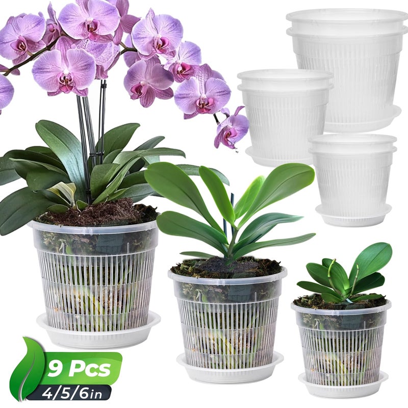 T4U Orchid Pot, 9 Pack Orchid Pots with Holes and Saucers for Repotting, 3 Each of 4.3, 5.5 and 6.3 Inch, Clear Plastic Flower Plant Pot for Indoor Outdoor Plants, Orchids Planter for Root Health - Image 1