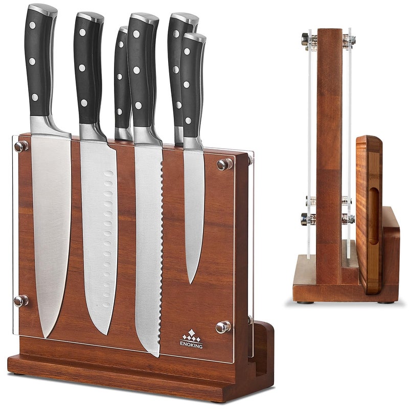 ENOKING Magnetic Knife Block Without Knives Double Sided Magnetic Knife Holder Stand with Acrylic Protective Shield for Safety Acacia Wood Knife Storage OrganiserEasy to Clean 26 x 235cm
